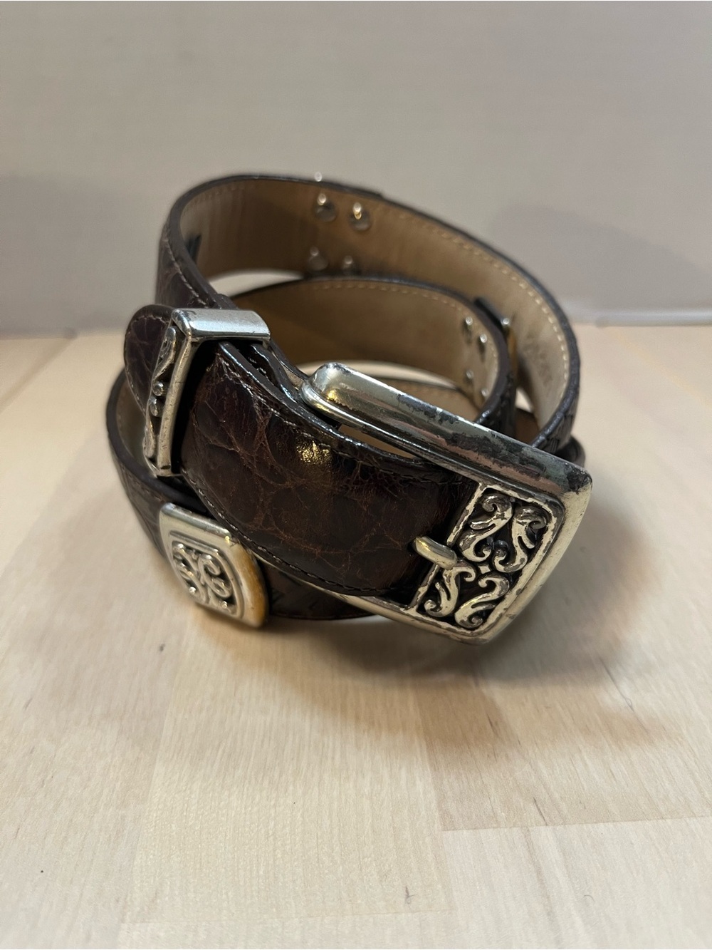 Brighton Brown Leather Mixed Croc & Braided Print Belt w/ Silver Tone Hardware